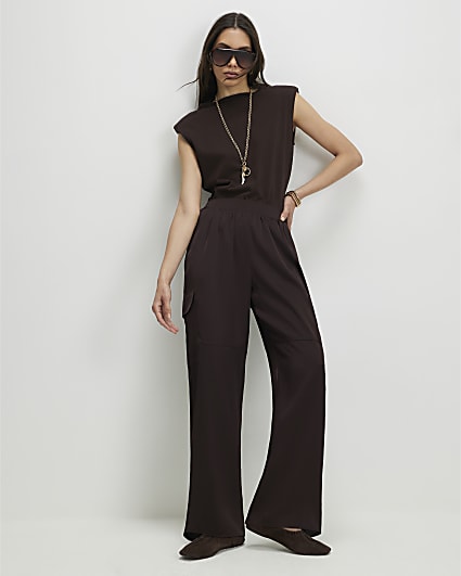 Brown Satin Wide Leg Cargo Trousers