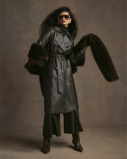Khaki Faux Leather Trench Coat