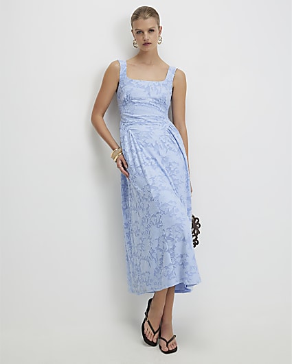 Blue Sleeveless Devore Burnout Midi Dress