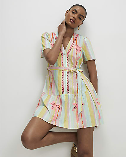 Pink Neon Cotton Striped Cutwork Shirt Dress