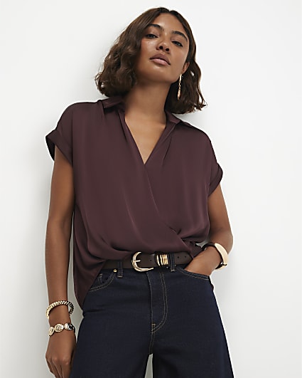 Brown Satin Collared Wrap Blouse