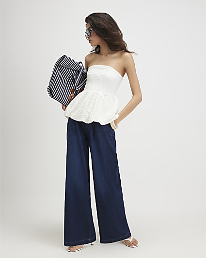 Blue Drawcord Slouch Wide Leg Jeans