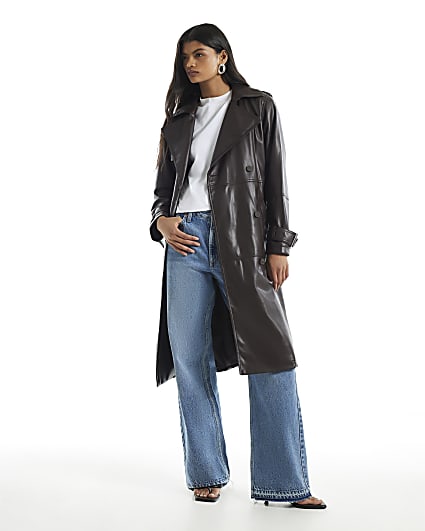Brown Faux Leather Double Breast Trench Coat