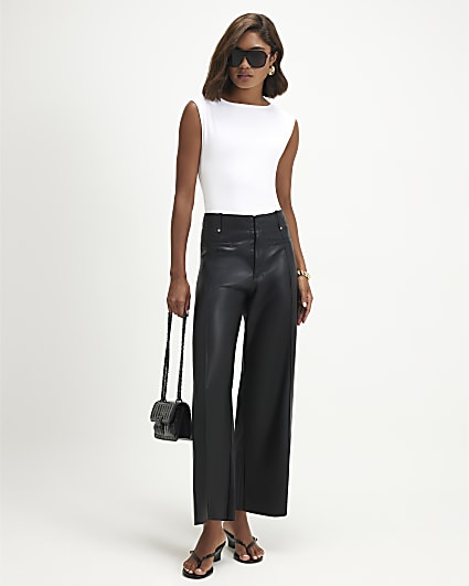 Black Faux Leather Seam Detail Crop Trousers
