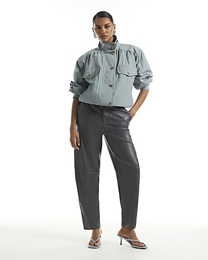 Grey Faux Leather Barrel Leg Trousers