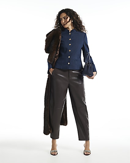 Brown Faux Leather Barrel Leg Trousers