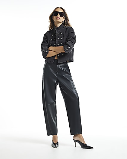 Black Faux Leather Barrel Leg Trousers