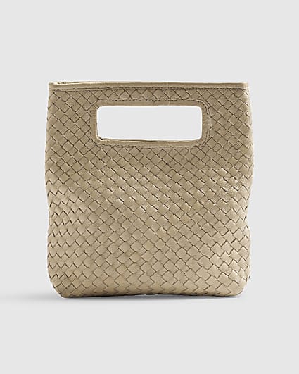 Cream Leather Woven Clutch Bag