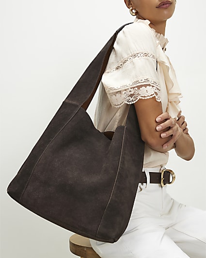 Brown Suede Panelled Slouch Bag