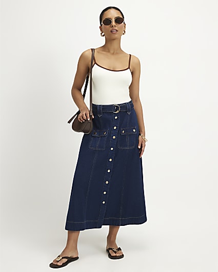 Petite Blue Belted Pocket Denim Midi Skirt
