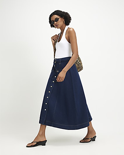 Blue Belted Pocket Denim Midi Skirt