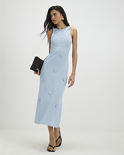 Blue Sleeveless 3D Flower Trim Midi Dress