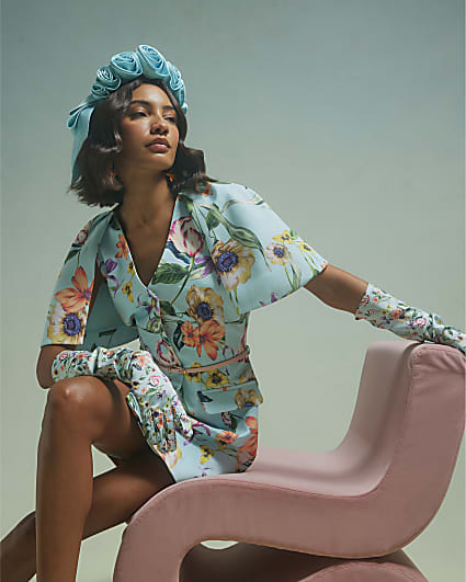 Blue Premium Floral Cape Mini Dress