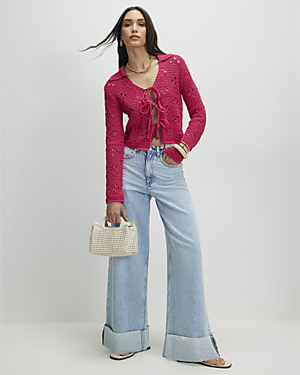 Pink Crochet Tie Front Cardigan