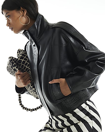 Black Faux Leather Funnel Boxy Jacket