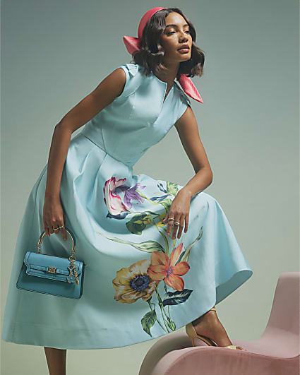 Blue Premium Floral Bow Detail Midi Dress