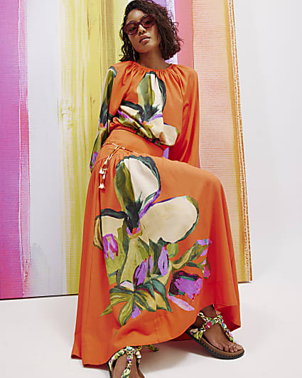 Orange Floral Drop Waist Circle Midi Skirt