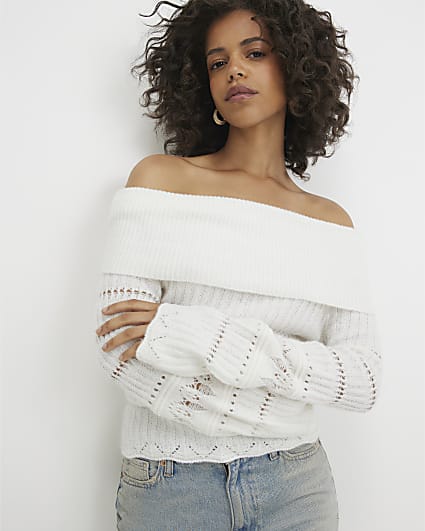 Cream Bardot Pointelle Knit Jumper