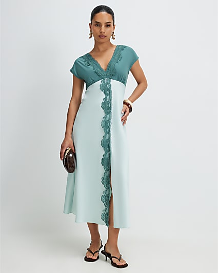 river island green stripe dress Green Scallop Stripe Bow Detail Mini Dress