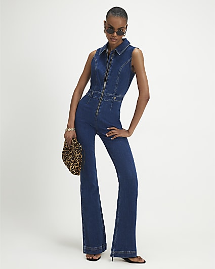 Blue Stretch Flared Denim Jumpsuit