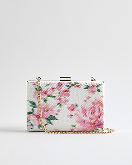 White Floral Hard Shell Clutch Bag