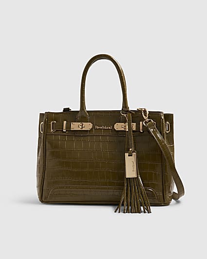 Green Lock Front Crocodile Print Tote Bag