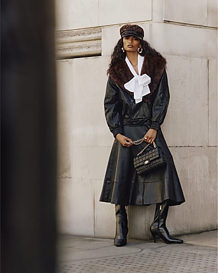 Black Faux Fur Collar Faux Leather Jacket