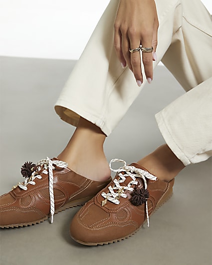 Brown Pom Pom Charm Mule Trainers