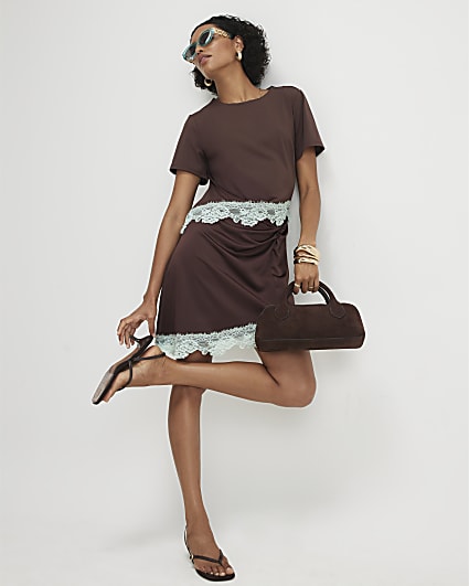 Brown Lace Satin Ruched Mini T-Shirt Dress