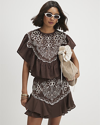 Brown Cotton Embroidered Cape Blouse