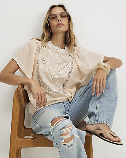 Pink Cotton Short Sleeve Lace Insert Blouse