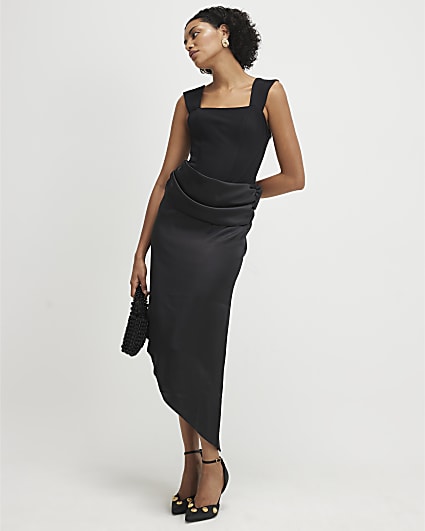 Black Satin Sleeveless Midi Dress