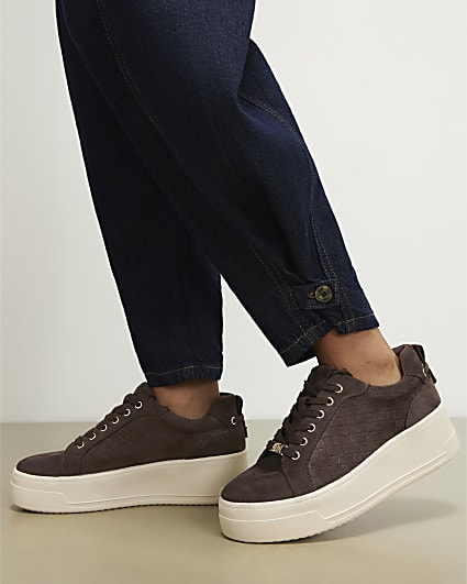 Brown Faux Suede Embossed Flatform Trainers