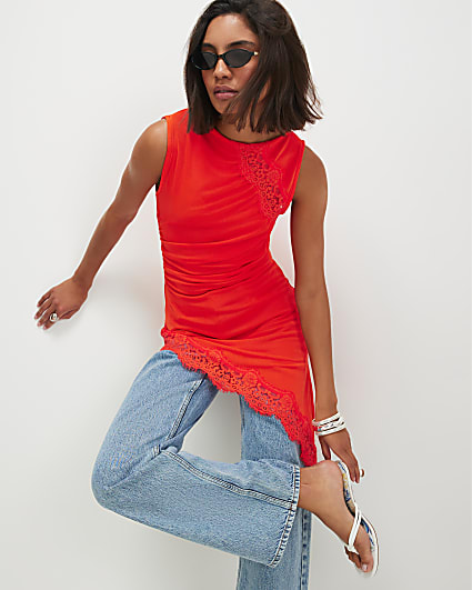 Orange Lace Trim Asymmetric Tunic Top