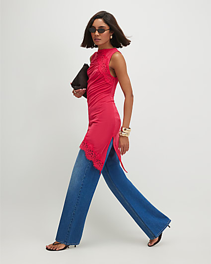 Pink Lace Trim Asymmetric Tunic Top