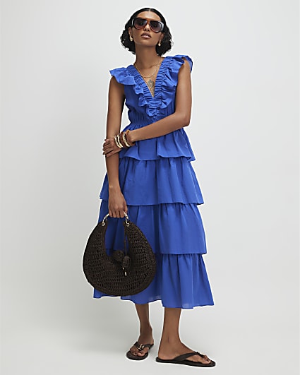 Blue Cotton Ruffle Sleeveless Midi Dress