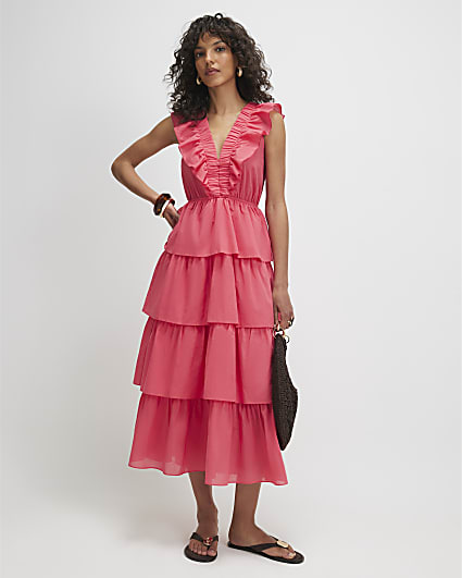 Pink Cotton Ruffle Sleeveless Midi Dress