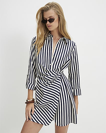 White Stripe Draped Mini Shirt Dress