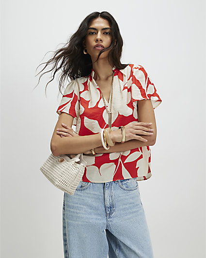 Red Short Sleeve Floral Print Blouse