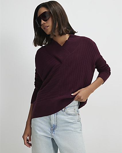 Red Cotton V Neck Ribbed Jumper
