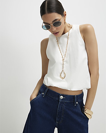 White Cotton Sleeveless Shirred Broderie Top | River Island