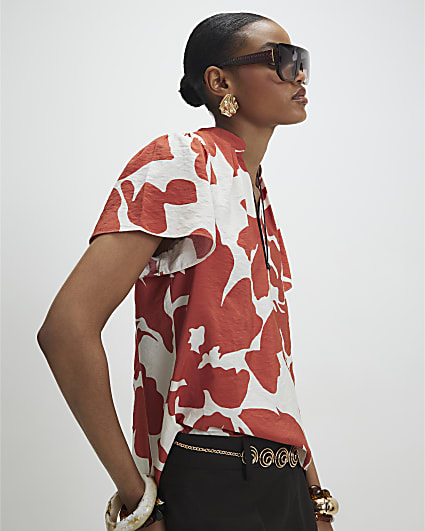 Orange Short Sleeve Printed Blouse