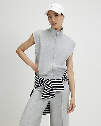 Grey Sleeveless Zip Through Interlock Top
