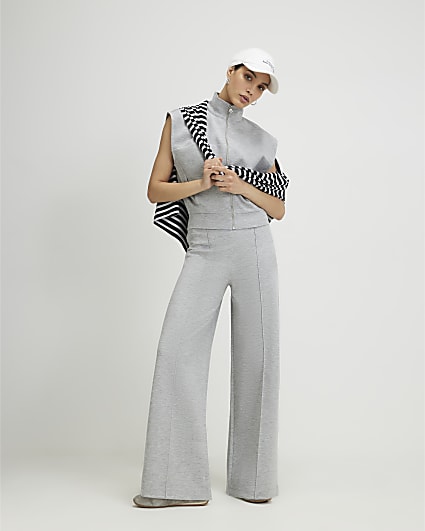 Grey Pintuck Interlock Wide Leg Joggers