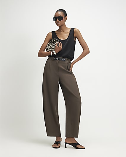 Brown Belt Trim Leg Barrel Trousers