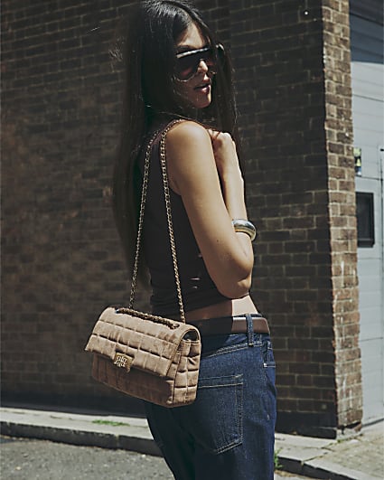 Brown Faux Suede Quilted Shoulder Bag