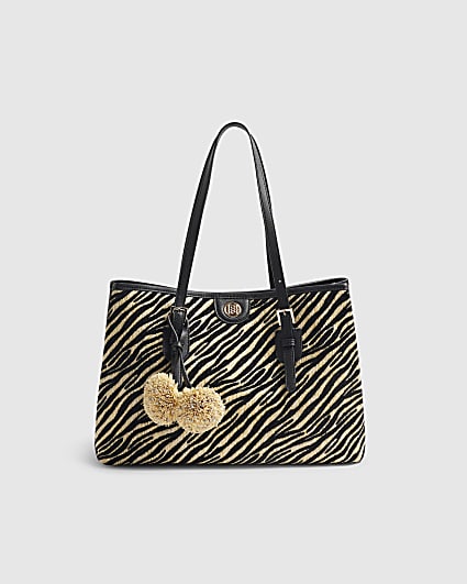 Black Buckle Zebra Pom Pom Shopper Bag