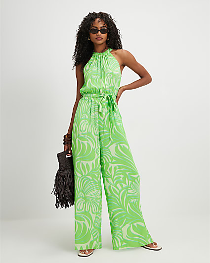 Green Leaf Print Halter Neck Jumpsuit