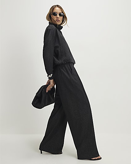 Grey Pinstripe Elastic Wide Leg Trousers