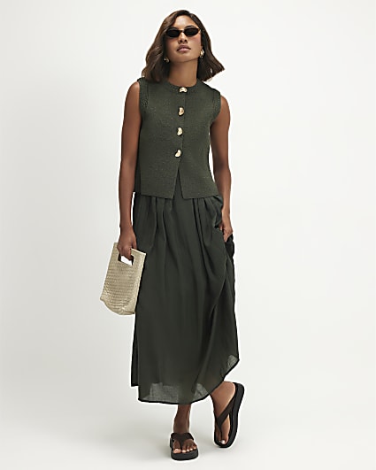 Khaki 2 in 1 Knit Jumper Midi Dress